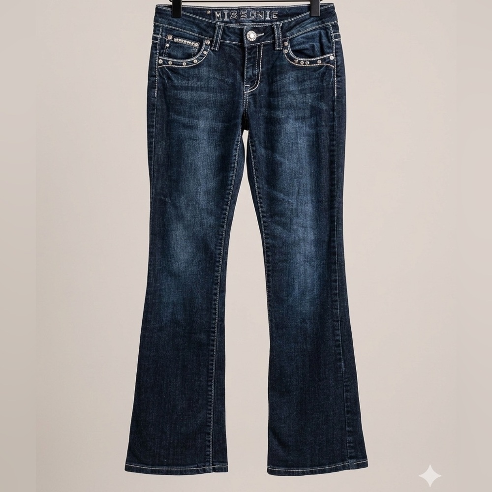 Miss Chic USA Rhinestone Pocket Bootcut Jeans Size 7 Bling Button Y2K